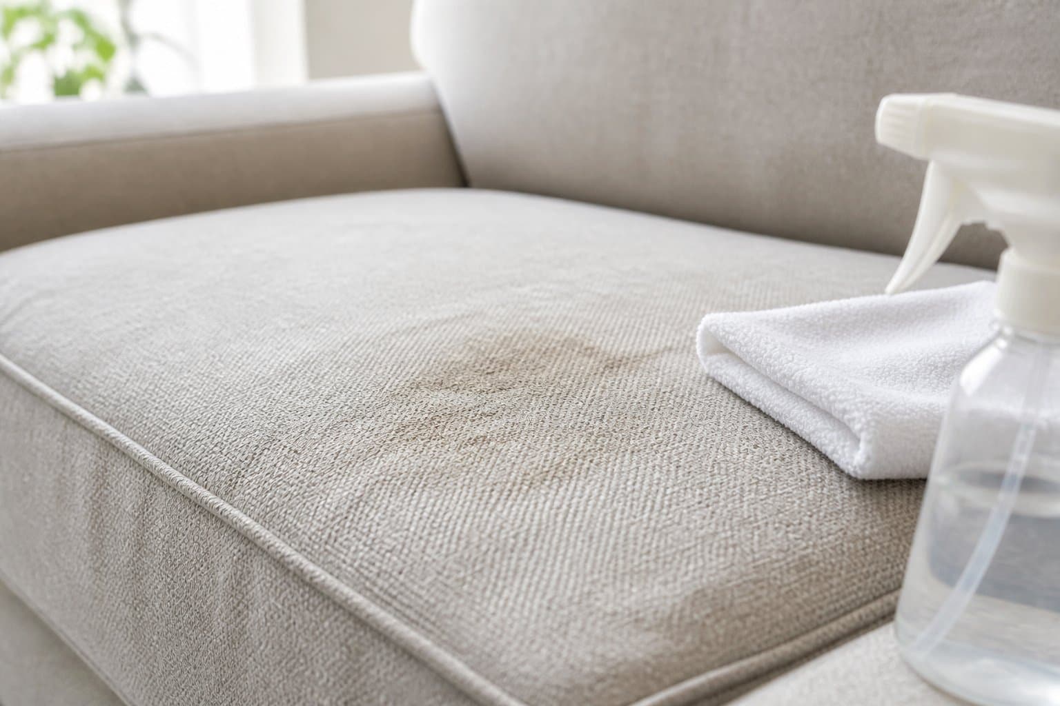 Fabric upholstery being spot-treated with a microfiber cloth