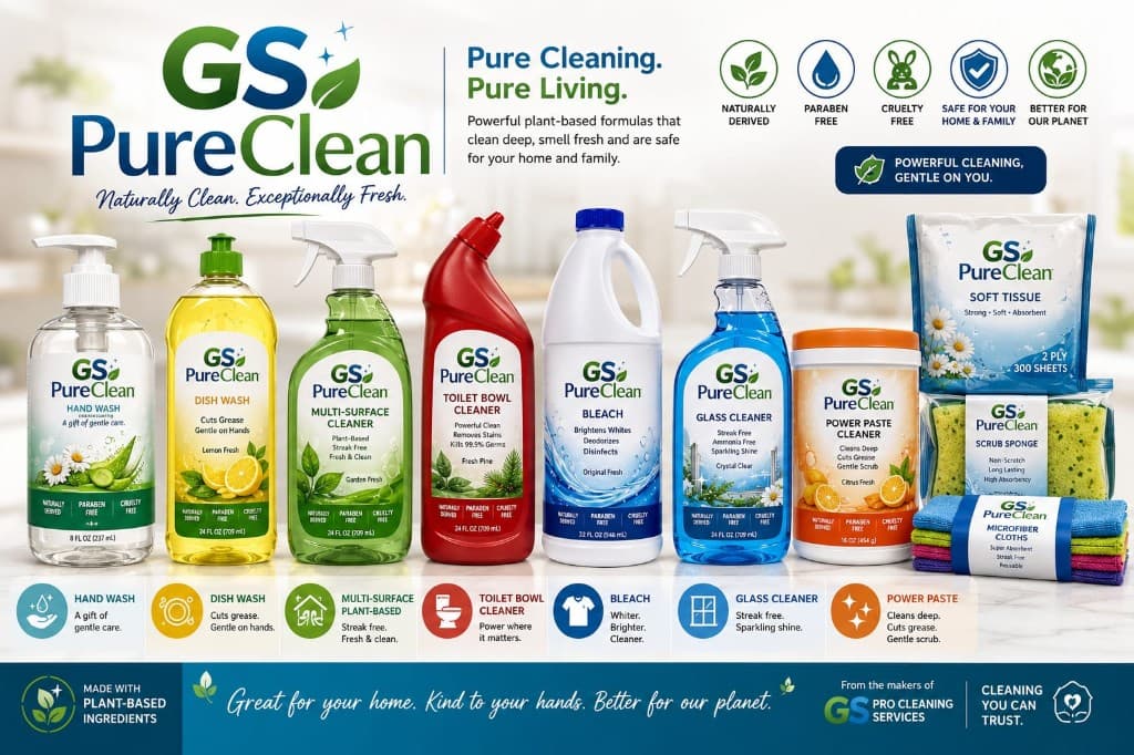 GS PureClean product lineup - hand wash, dish wash, multi-surface cleaner, toilet bowl cleaner, bleach, glass cleaner, power paste, tissue, sponges, and microfiber cloths